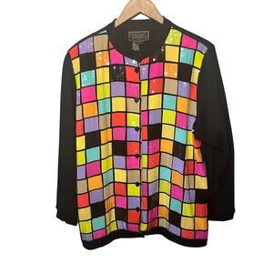 Diane Gilman Collection Blouse Jacket Colorful Sequin Stained Glass Silk Black L